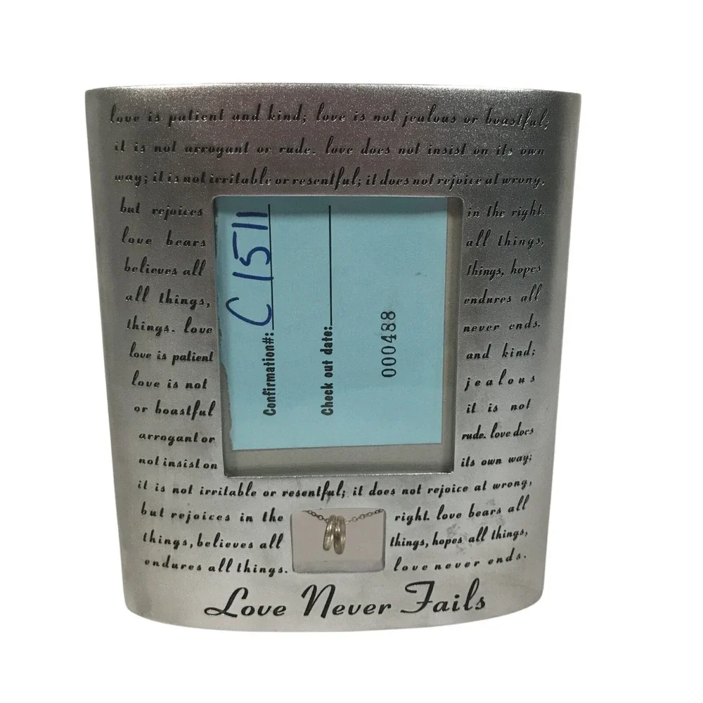 Love Never Fails 1 Corinthians 13 Silver Picture Frame with Wedding Rings Decor